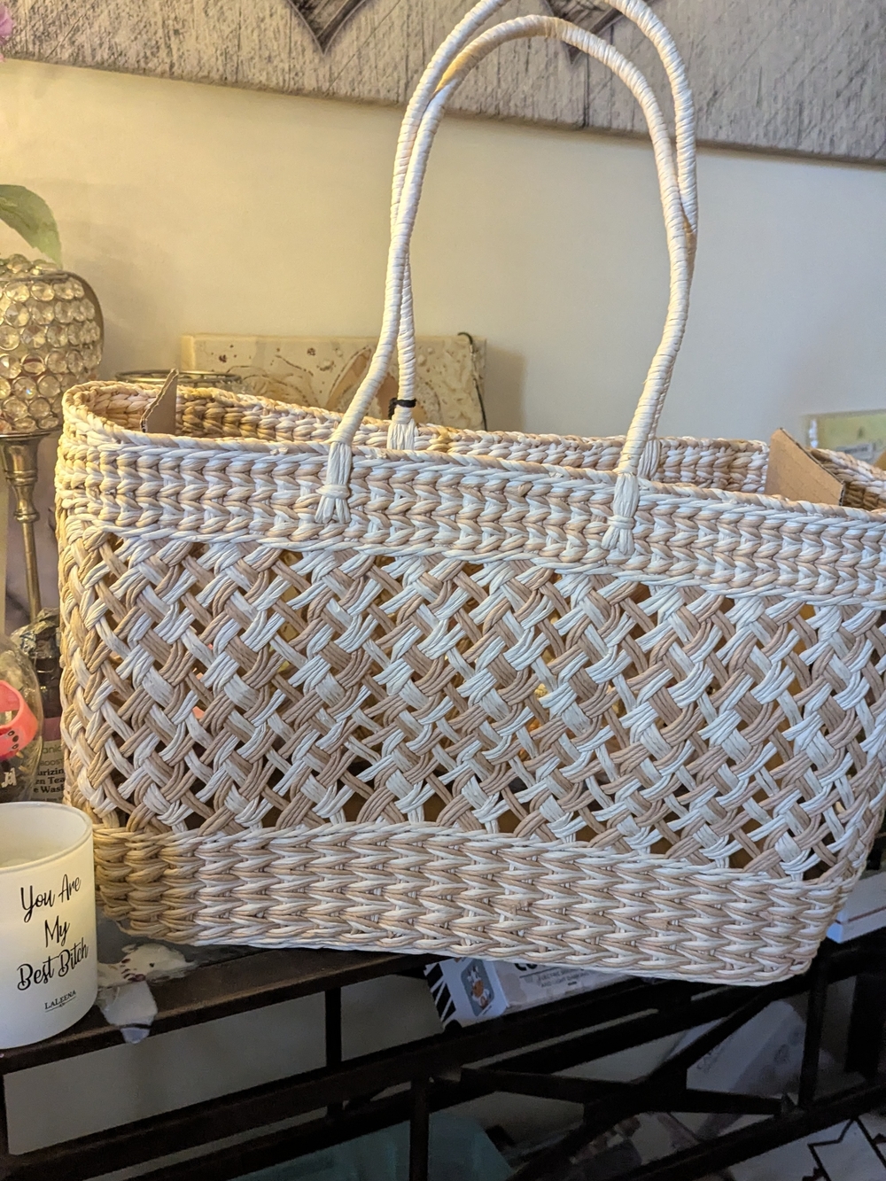 Woven Straw Tote Bag in Natural Cream
